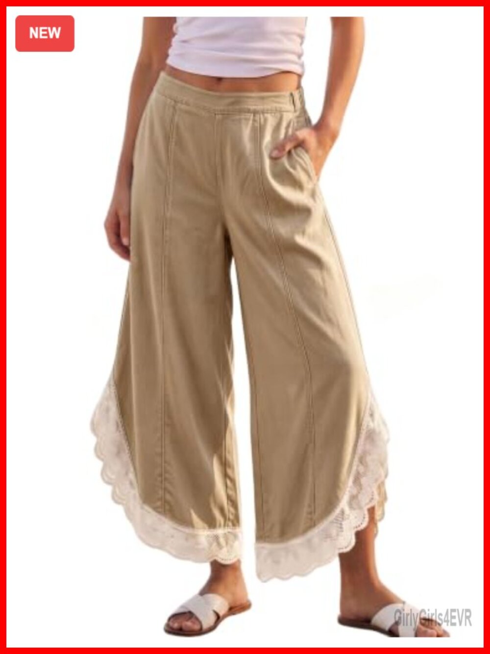 Lace Trim Cotton Wide Leg Palazzo Pants High Waist Trousers